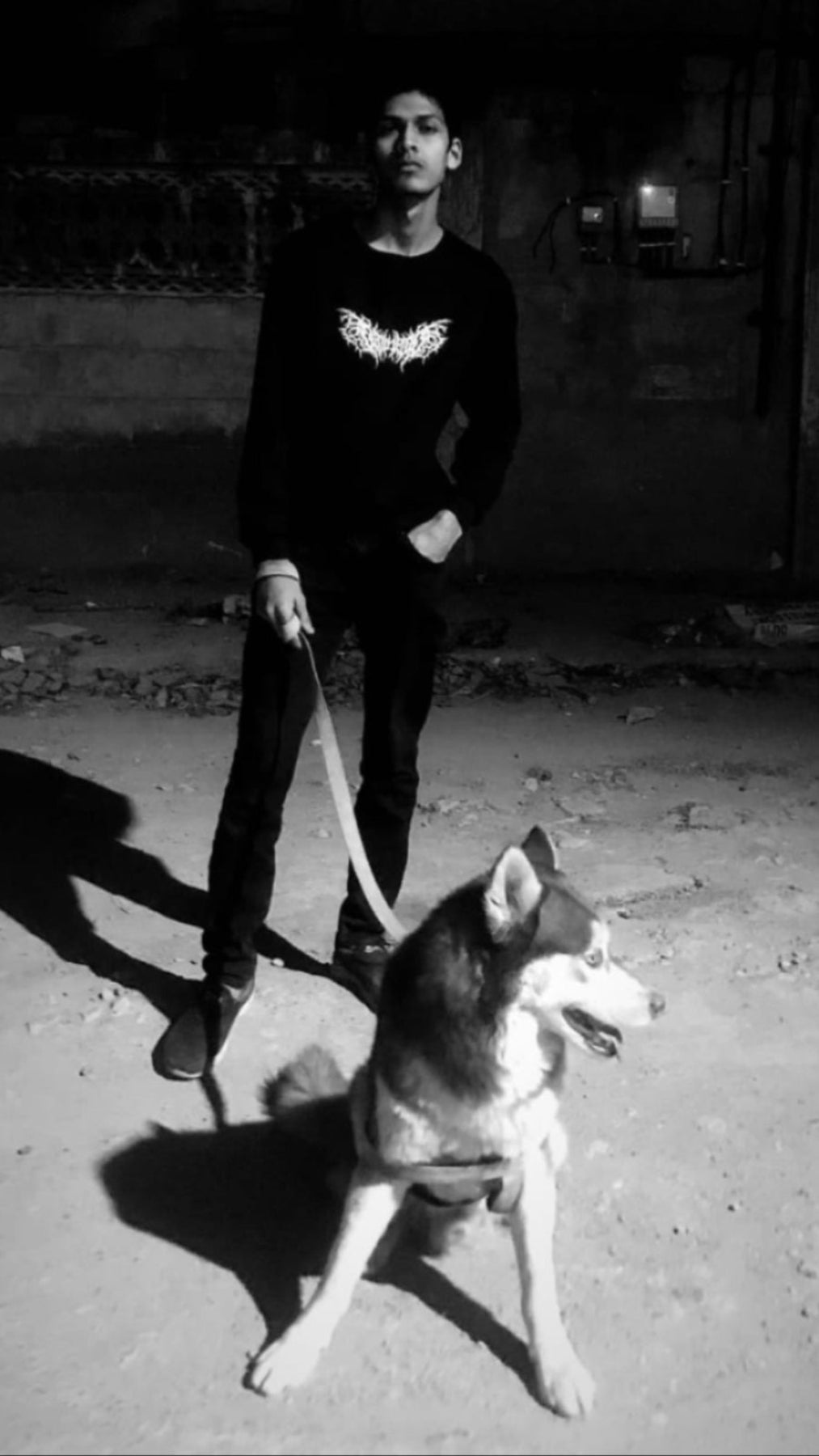 Person standing next to a dog in a dark, possibly urban setting